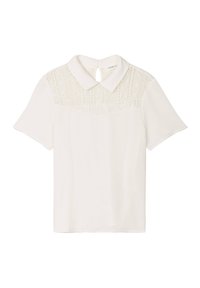 Weiße Bluse mit kurzen Ärmeln, Kragen und Spitzenverzierungen an der oberen Vorderseite. Mit einem Schlüssellochauslass im Rücken. Weiche Textur.