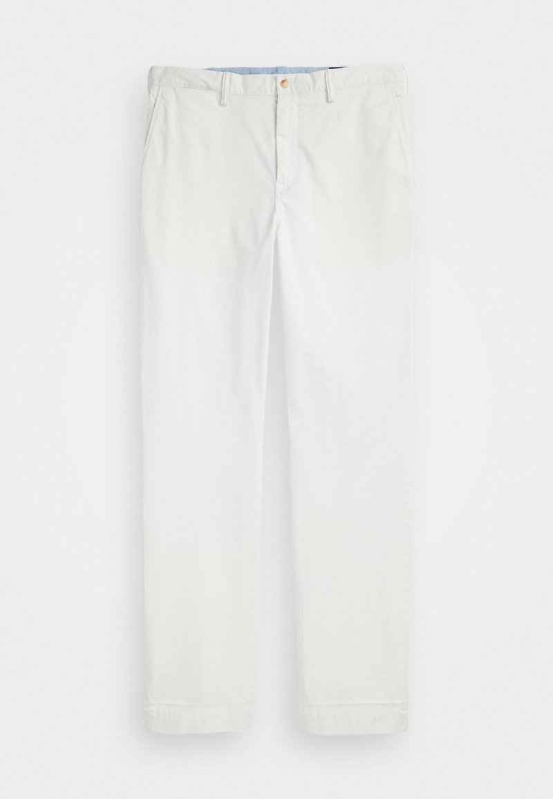 Light beige chinos made of cotton. Features a straight-leg design, front pockets, and a single button closure at the waist.