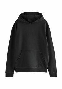 Felpa nera con cappuccio e tasca frontale, realizzata in tessuto morbido, dotata di cappuccio con coulisse, vestibilità ampia e polsini a costine sulle maniche e sull'orlo.
