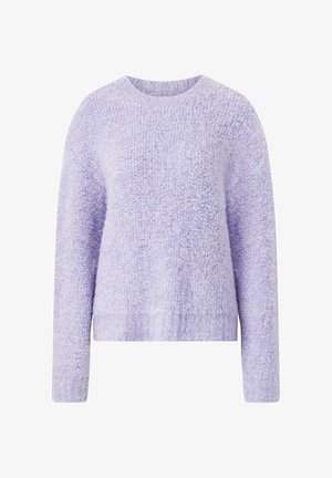 Light purple textured knit sweater with long sleeves and a round neckline, featuring a subtle fluffy pattern.