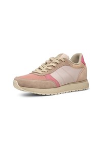 Sneaker mit einem Obermaterial aus Pfirsich- und beigem Wildleder sowie Synthetik, ausgestattet mit einem pinken Akzent, beigen Schnürsenkeln und einer strukturierten Ferse. Gummisohle.