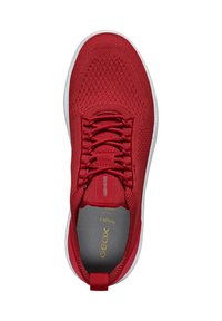 Sneaker rossa in rete con tomaia testurizzata, punta rotonda, design con lacci e suola bianca. Presenta un logo e una linguetta sul tallone.