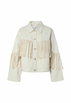 Kremfarget denimjakke med sølvknapper og frynse detaljer langs bryst og ermer.