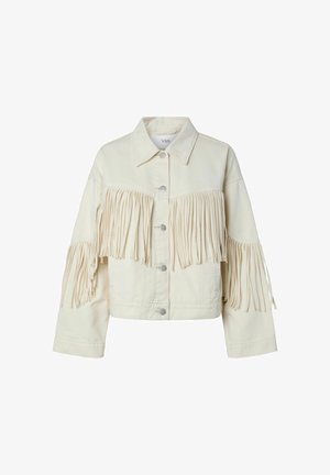Kremfarget denimjakke med sølvknapper og frynse detaljer langs bryst og ermer.