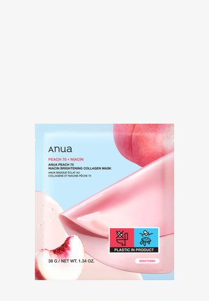 Emballage til Anua Peach 70 + Niacin Brightening Collagen Mask med billede af ferskenfrugt og ikoner for plastgenbrug.