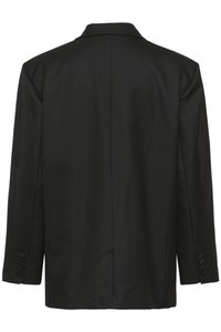 Sacou negru cu design clasic al reverului, mâneci lungi și șase nasturi decorativi pe mansete. Croială ajustată și textură netedă.