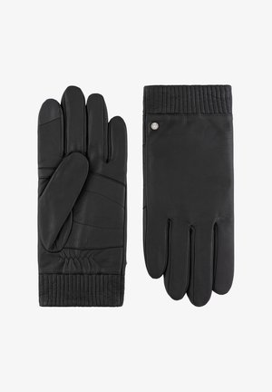 Paar schwarze Lederhandschuhe mit genähten Bündchen, ein Handschuh zeigt die Handfläche mit verstärktem Daumen und Fingern, der andere zeigt die Rückseite mit kleinem Emblem.