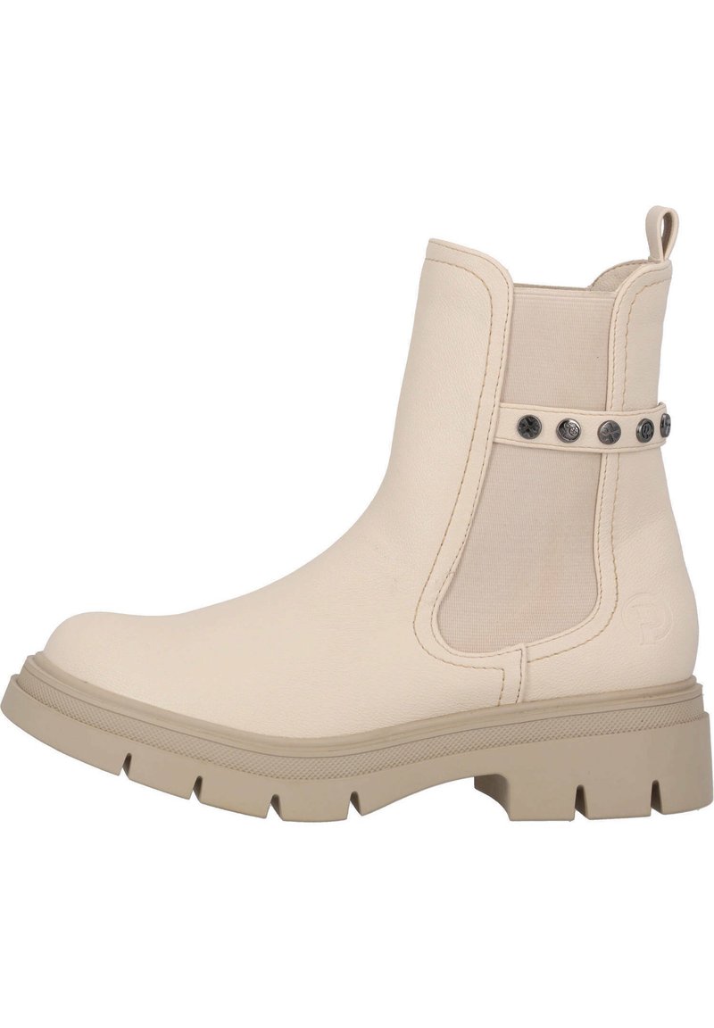 Botines beige hechos de material suave con paneles laterales elásticos y tachuelas de metal decorativas, que cuentan con una suela de goma texturizada y resistente.