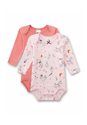 Zwei Baby-Body mit langen Ärmeln, einer einfarbig staubig rosa und der andere hellrosa mit Einhorn-, Stern-, Mond- und Heißluftballon-Mustern.