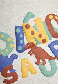 Svetlo siva tkanina s pisanimi, teksturiranimi črkami, ki črkujejo "DINOSAUR", ter oblikami dinozavrov v modri, zeleni, rumeni in rjavi barvi.