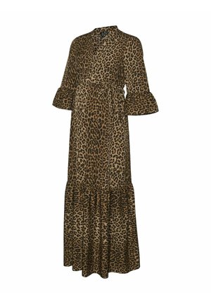 Leopardų rašto maksi suknelė iš lengvos medžiagos, su apykakle, rišama juosmeniu ir plačiomis rankovėmis. Volanai apatinėje dalyje suteikia judesio ir dinamikos.