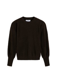 Suéter de punto marrón con cuello redondo, mangas abullonadas y puños acanalados. Textura suave, cintura ajustada y acabado de tela liso.