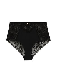 Culotte noire taille haute avec un design en dentelle florale à la taille et aux jambes, en tissu principal lisse et opaque.