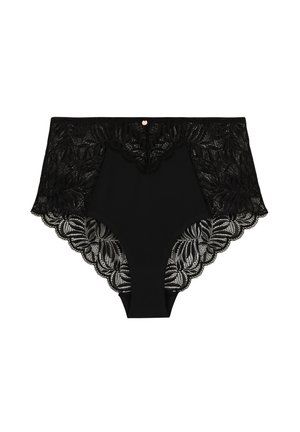 Culotte noire taille haute avec un design en dentelle florale à la taille et aux jambes, en tissu principal lisse et opaque.
