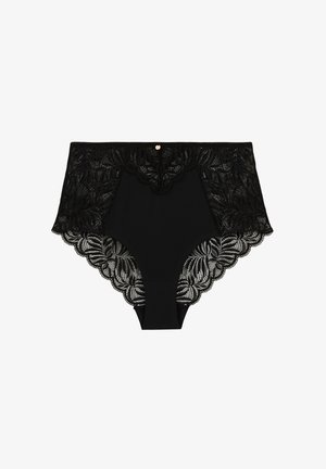Culotte noire taille haute avec un design en dentelle florale à la taille et aux jambes, en tissu principal lisse et opaque.