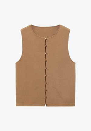 Sleeveless, round-neck vest in a light brown knit fabric, featuring a front button placket with circular buttons and a straight hem.