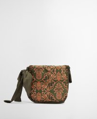 Olivgrüne Tasche mit pinkem Blumenmuster, mit einem geknoteten Banddetail, aus weichem Material und in runder Form.