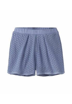 Shorts en tricot bleu clair avec taille élastique et motif ajouré texturé, conçus pour un usage décontracté.
