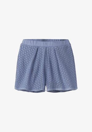 Shorts en tricot bleu clair avec taille élastique et motif ajouré texturé, conçus pour un usage décontracté.