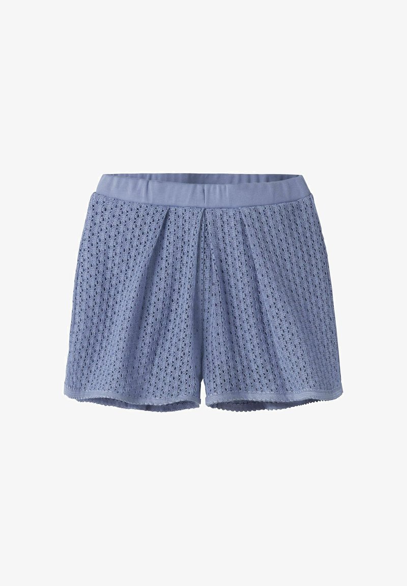 Shorts en tricot bleu clair avec taille élastique et motif ajouré texturé, conçus pour un usage décontracté.