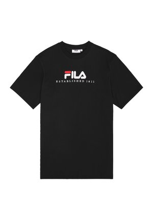 Zwarte katoenen T-shirt met korte mouwen, met een opvallend wit en rood FILA-logo en de tekst "GESTICHT 1911" op de voorkant.