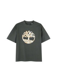 T-shirt in cotone verde oliva con scollatura rotonda e maniche corte; presenta un logo di un albero di un beige chiaro centrato sulla parte anteriore.