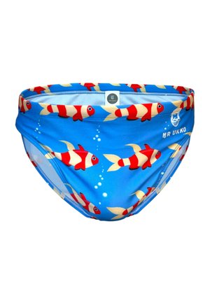 Blaue Schwimmhose mit Muster aus roten und weißen Clownfischen und weißen Blasen, mit dem MR UKKO-Logo auf der rechten Seite.