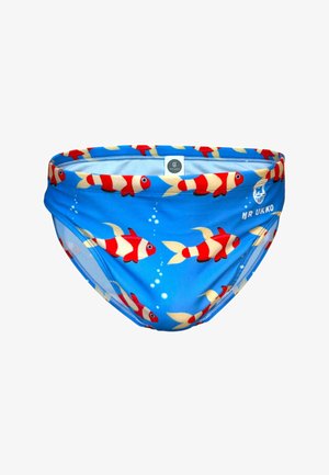 Blaue Schwimmhose mit Muster aus roten und weißen Clownfischen und weißen Blasen, mit dem MR UKKO-Logo auf der rechten Seite.