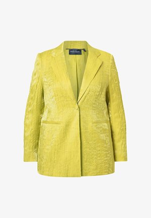 Gele textuurblazer met een gestructureerd ontwerp, voorzien van twee voorzakken en een enkele knoopsluiting. Gladde stof met een subtiele glans.