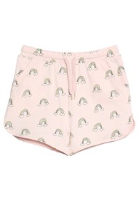 Różowe szorty z powtarzającym się wzorem tęczy i chmur. Wykonane z miękkiego materiału, z elastycznym paskiem w talii i sznurkiem do regulacji. Casualowy design.