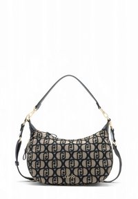 Braune und schwarze Schultertasche mit einem gemusterten Stoff, der ineinander verschlungene Logos zeigt, goldfarbenen Beschlägen und einem glatten Lederhenkel.