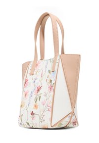 Torba na ramię w kwiatowy wzór z jasnoróżowymi akcentami z syntetycznej skóry. Charakteryzuje się usztywnioną konstrukcją, podwójnymi uchwytami oraz trójkątnymi bocznymi panelami.