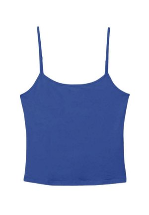 Haut court bleu sans manches avec fines bretelles spaghetti et encolure droite sur fond blanc.