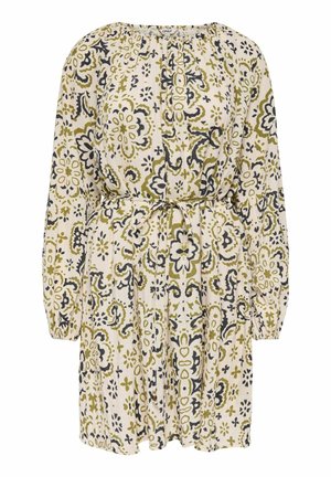 Robe beige à manches longues avec motif floral vert et noir, poignets élastiques, encolure froncée et ceinture nouée à la taille.