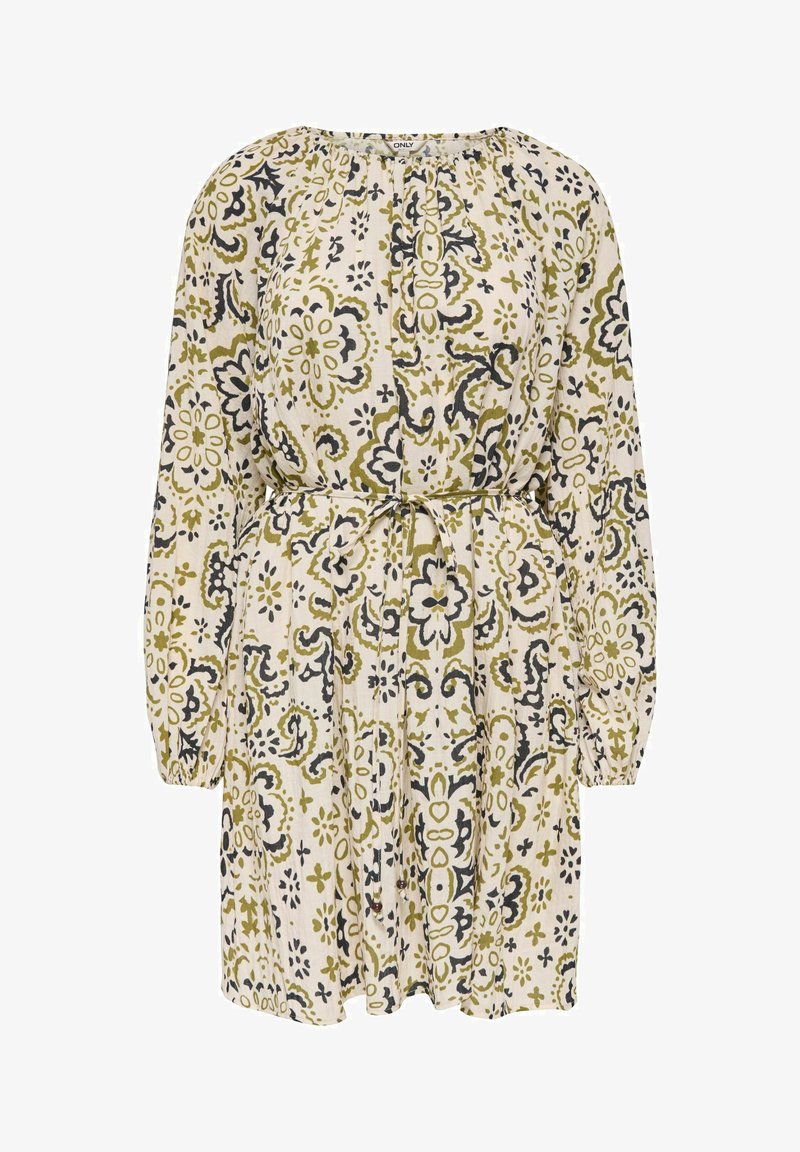 Robe beige à manches longues avec motif floral vert et noir, poignets élastiques, encolure froncée et ceinture nouée à la taille.