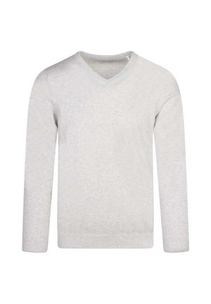 Pull gris clair à manches longues avec col en V, poignets et ourlet côtelés, présenté à plat sur un fond blanc.