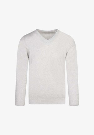 Pull gris clair à manches longues avec col en V, poignets et ourlet côtelés, présenté à plat sur un fond blanc.