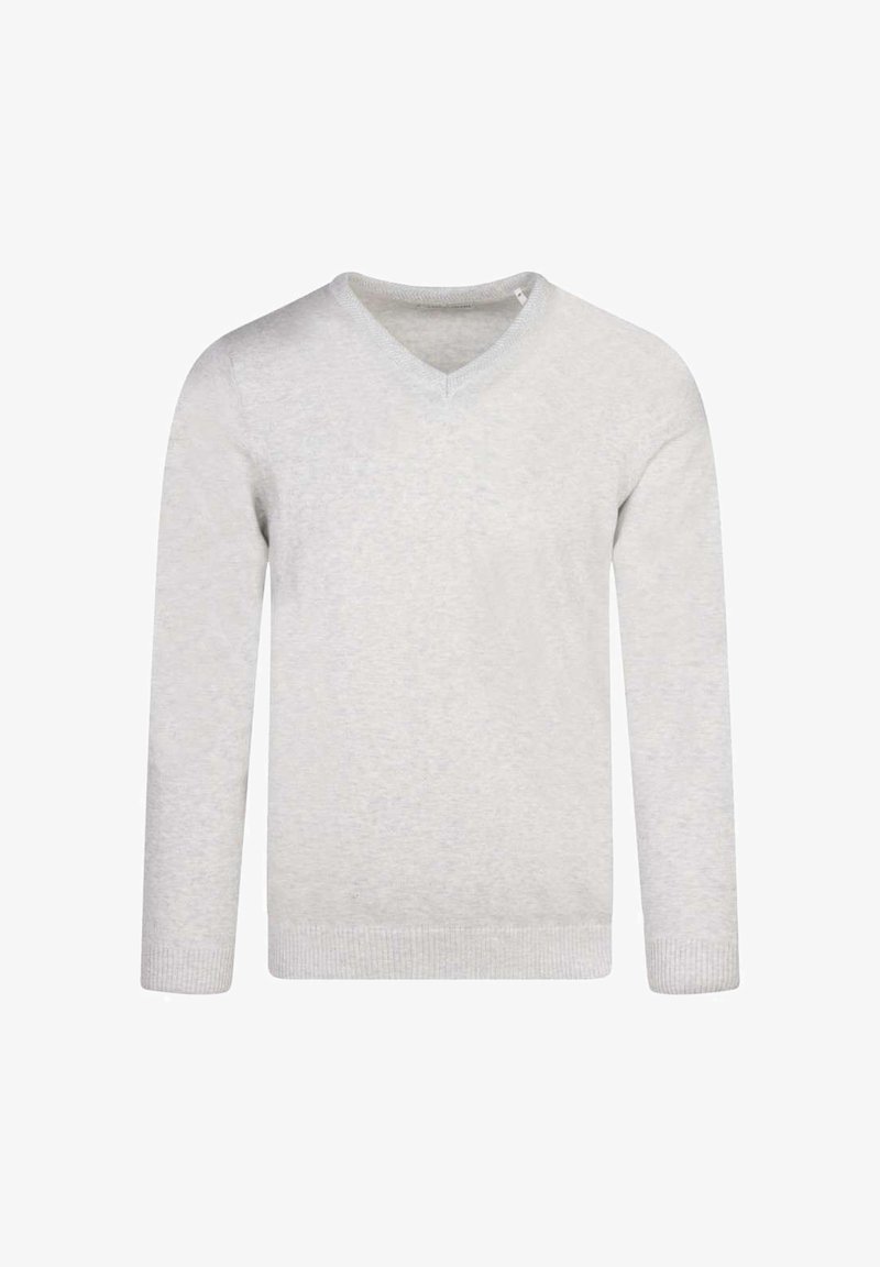 Pull gris clair à manches longues avec col en V, poignets et ourlet côtelés, présenté à plat sur un fond blanc.