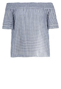 Top bez ramínek v námořnické modré a bílé kostkované vzoru, lehký materiál, smocked výstřih, krátké rukávy a volnější střih.