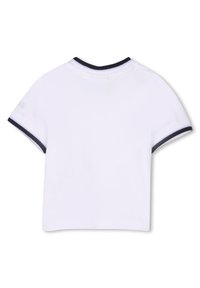 White short-sleeve t-shirt with navy ribbed collar and sleeve edges, smooth fabric, classic cut, features a small logo on the left sleeve.