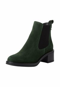 Grüne Wildleder-Ankle Boots mit Blockabsatz, elastischen Seiteneinsätzen und einer Schlaufe für ein einfaches Anziehen. Glatte Textur und runde Zehenform.