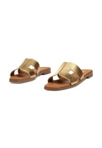 Chanclas metálicas doradas con los dedos al aire, que presentan un diseño entrecruzado y una suela marrón. Sencillas y elegantes para un uso casual.