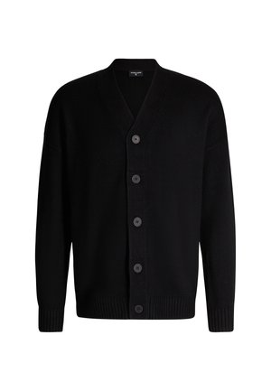 Zwarte gebreide cardigan met V-hals, voorzien van vijf symmetrische knopen, ribgebreide manchetten en een gestructureerde stof.