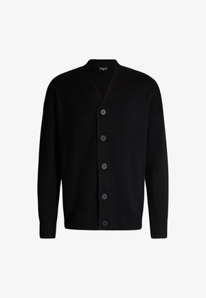 Zwarte gebreide cardigan met V-hals, voorzien van vijf symmetrische knopen, ribgebreide manchetten en een gestructureerde stof.