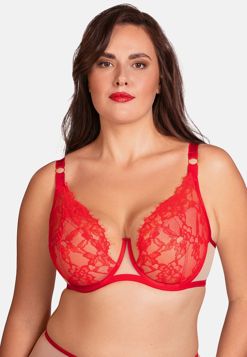 Roter Spitzen-BH mit transparenten Einsätzen, Unterdrahtstütze und verstellbaren Trägern mit dekorativen Hardware-Details. Weicher Stoff mit floralen Mustern.