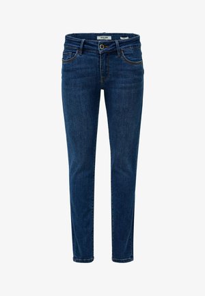 Jeans in denim blu con taglio a gamba dritta, cinque tasche e dettagli di cuciture discrete. Il tessuto presenta una texture liscia e leggermente consumata.