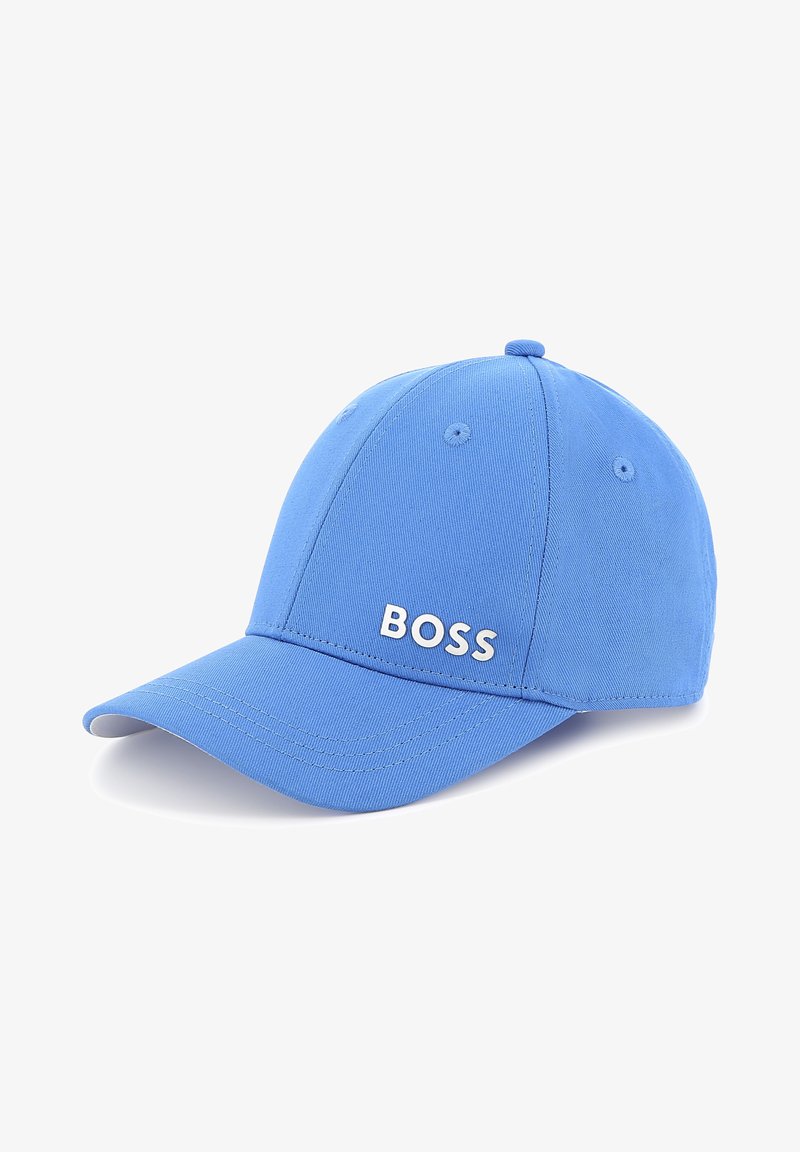 Blauwe cap van katoen, met een gebogen klep, zes-panel ontwerp en geborduurd "BOSS"-logo in het wit aan de voorkant.