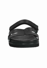 Zwarte flip-flop sandaal met twee banden, platte zool en een gestructureerde voetbed. Flexibel materiaal en minimalistisch ontwerp, geschikt voor casual gebruik.