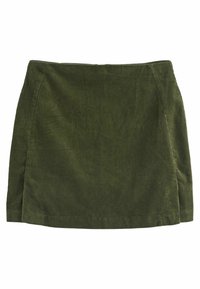 Olivgrüner Cord-Rock mit vertikalen Rippen, einem figurbetonten Schnitt und Seitennähten. Glatte Textur, keine sichtbaren Muster oder Verzierungen.