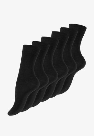 Black cotton blend socks, featuring a smooth texture, close-fitting design, and ribbed cuff, presented in a set of six pairs.